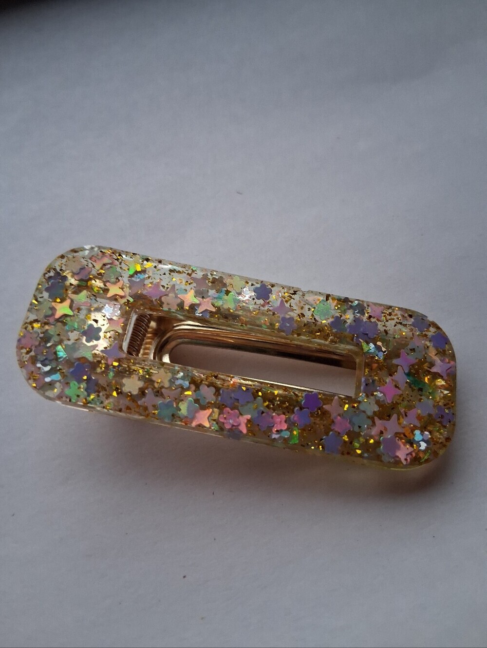 5/$25 Hand Crafted Gold and Iridescent Star Confetti Resin Hair Clip - Picture 2 of 3